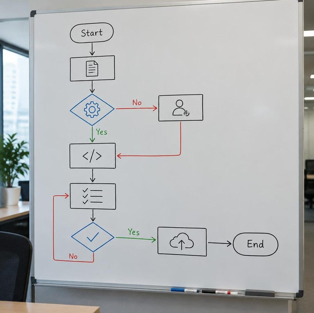 Whiteboard with a flowchart diagram