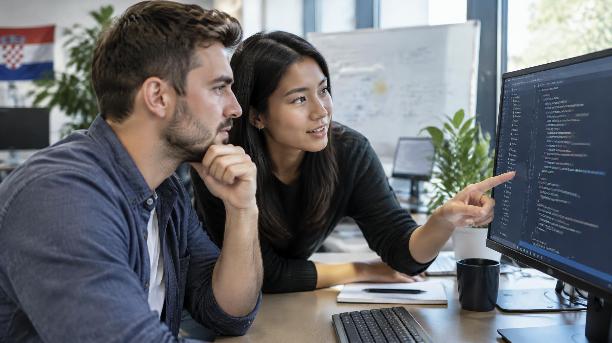 Two people reviewing code together on a monitor